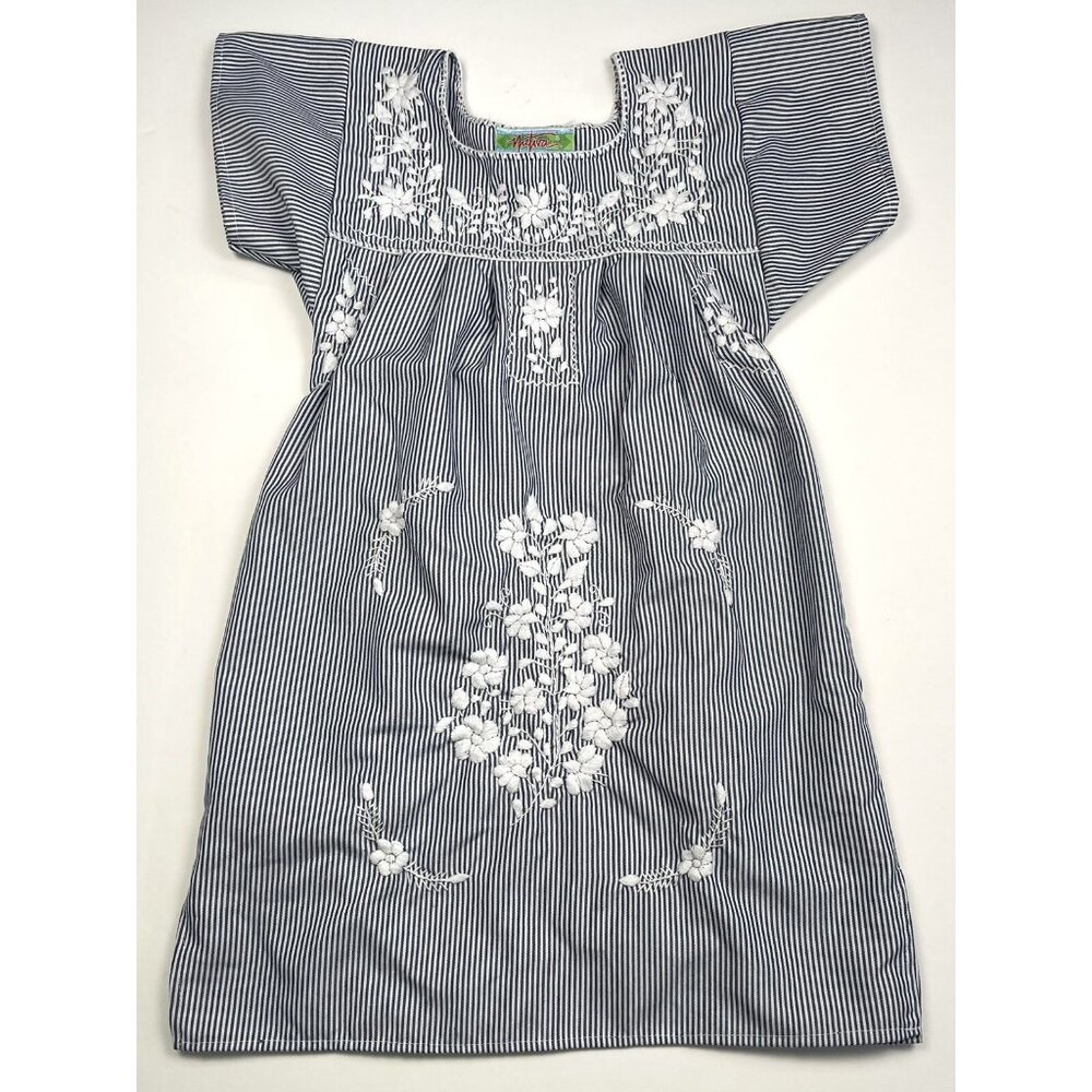 NATIVA Girls SIZE 4 Mexican Peasant DRESS Blue/White Stripe Embroidery EUC